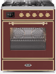 Majestic II 30 Inch Dual Fuel Natural Gas Freestanding Range in Burgundy with Brass Trim