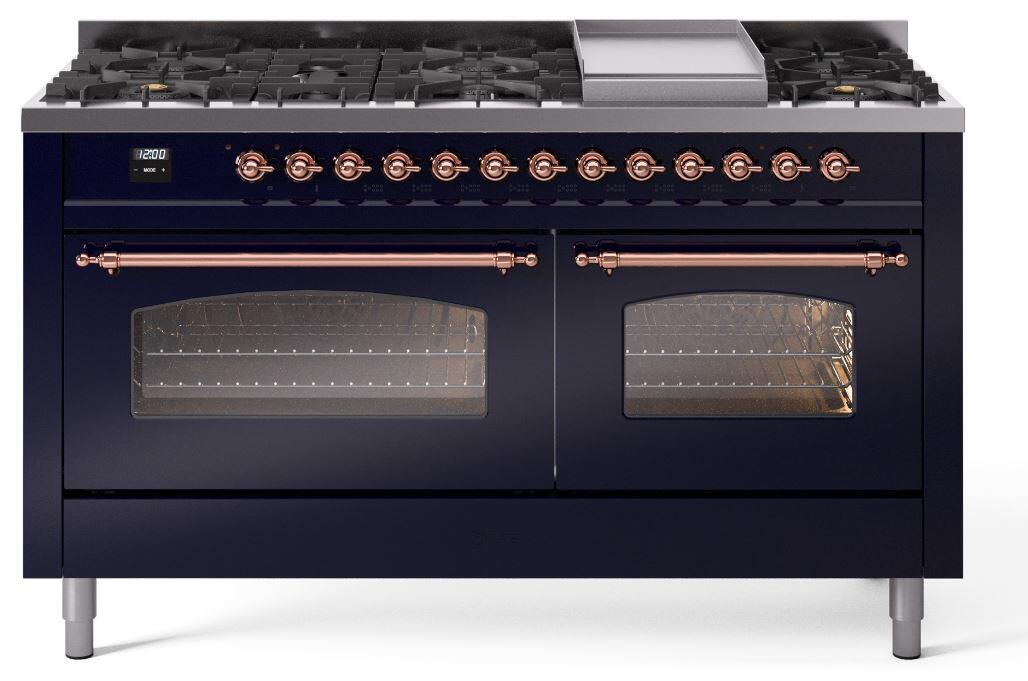 Nostalgie II 60 Inch Dual Fuel Liquid Propane Freestanding Range in Blue with Copper Trim