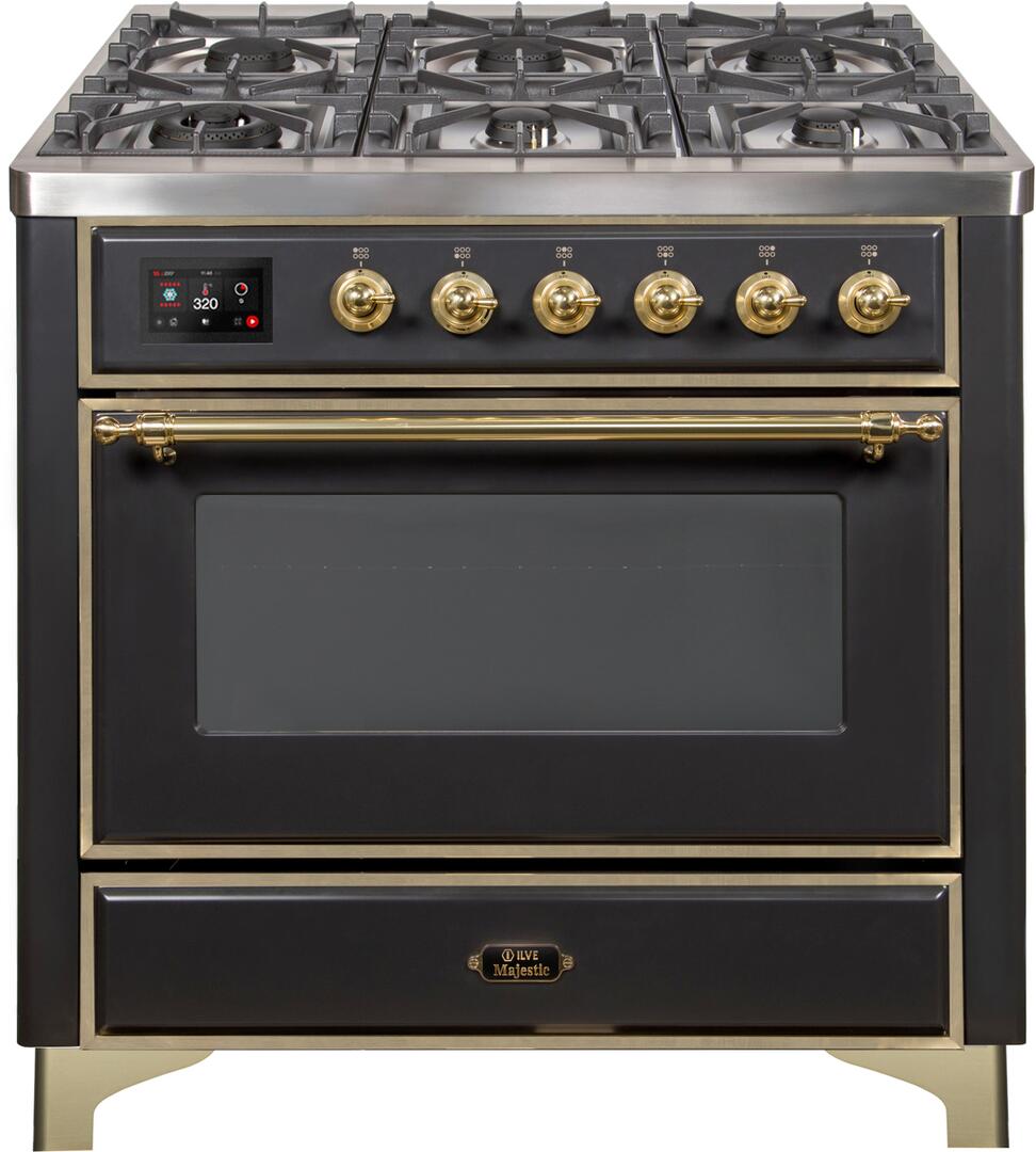 Majestic II 36 Inch Dual Fuel Liquid Propane Freestanding Range in Matte Graphite with Brass Trim