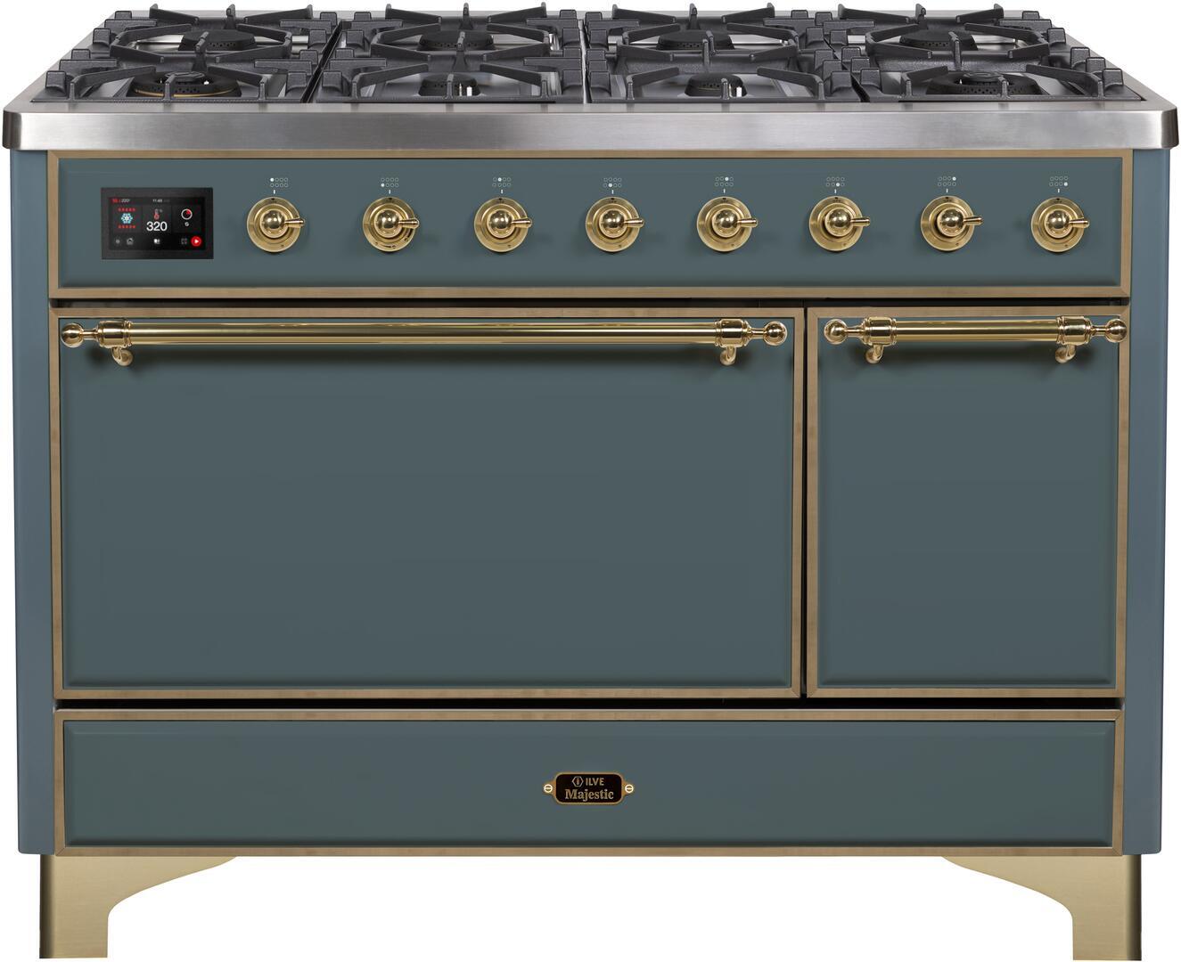 Majestic II 48 Inch Dual Fuel Liquid Propane Freestanding Range in Blue Grey with Brass Trim