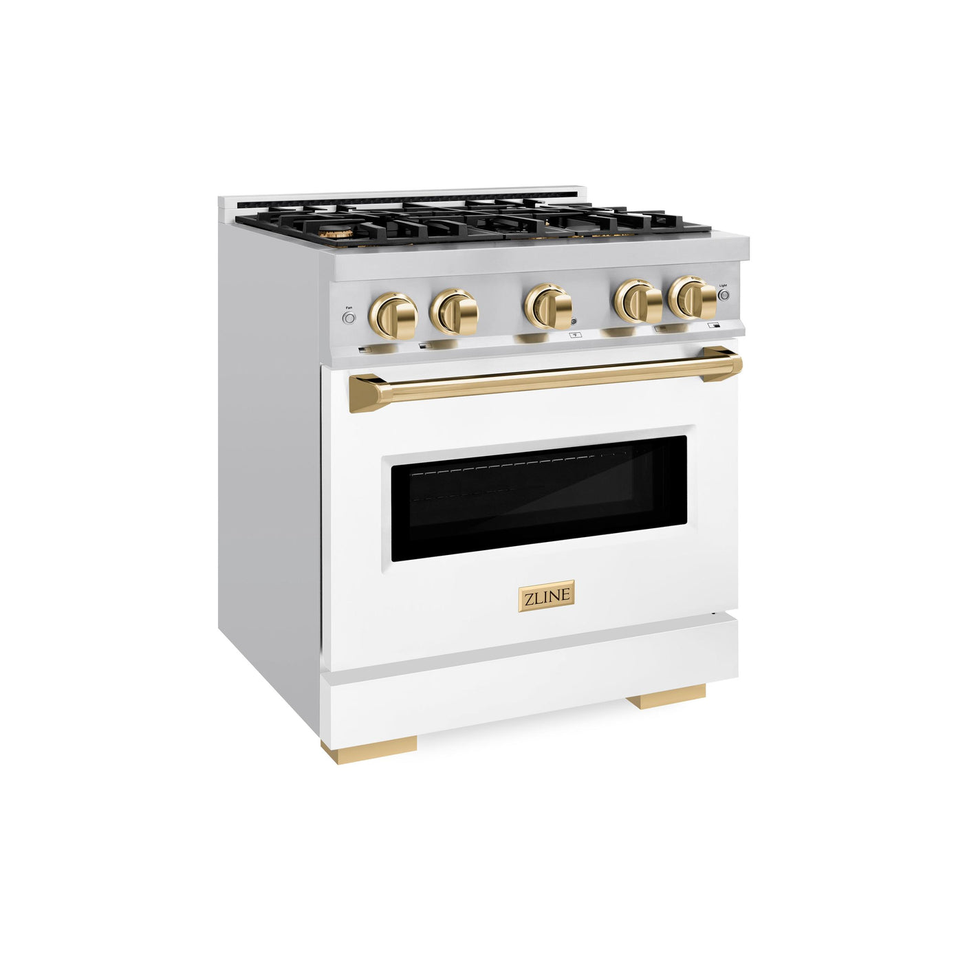 ZLINE Autograph Edition 30 in. 4.2 cu. ft. Classic Dual Fuel Range with 4 Burner Gas Cooktop and Electric Convection Oven in Stainless Steel with White Matte Door and Polished Gold Accents (CDRZ-WM-30-G)