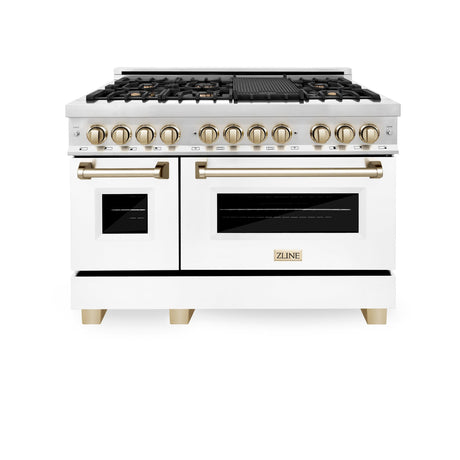 ZLINE 48 in. Autograph Edition Kitchen Package with Stainless Steel Dual Fuel Range with White Matte Door, Range Hood and Dishwasher with Polished Gold Accents (3AKP-RAWMRHDWM48-G)