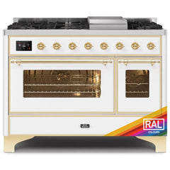 ILVE Majestic II 48 UM12FDNS3RAG Freestanding Dual Fuel Range with 8 Sealed Burners Yes Double Oven with Triple Glass Door in RAL Color with Brass knobs