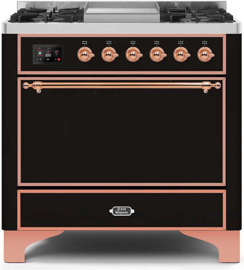 Majestic II 36 Inch Dual Fuel Natural Gas Freestanding Range in Glossy Black with Copper Trim