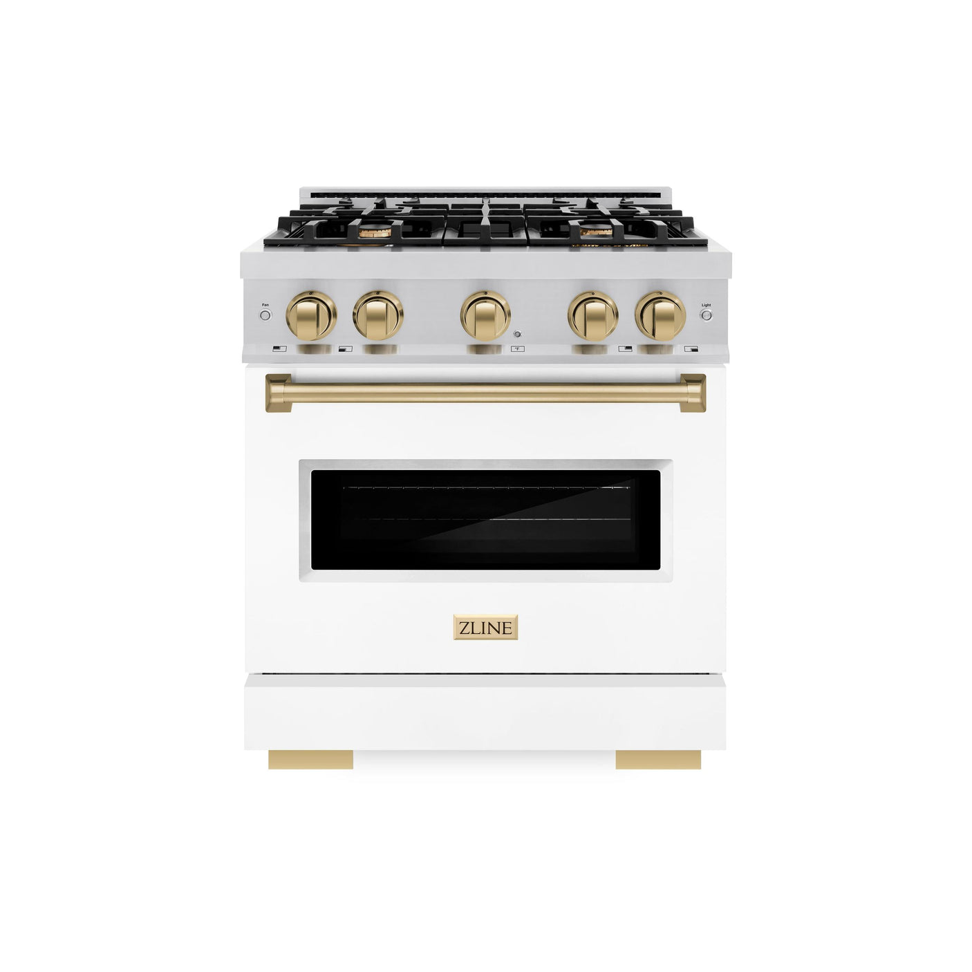 ZLINE Autograph Edition 30 in. 4.2 cu. ft. Classic Gas Range with 4 Burner Cooktop and Convection Gas Oven in Stainless Steel with White Matte Door and Champagne Bronze Accents (CGRZ-WM-30-CB)