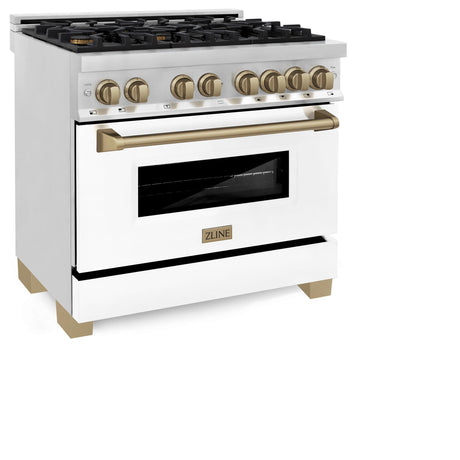 ZLINE Autograph Edition 36" 4.6 cu. ft. Dual Fuel Range with Gas Stove and Electric Oven in Stainless Steel with White Matte Door and Accents (RAZ-WM-36) [Color: Champagne Bronze]