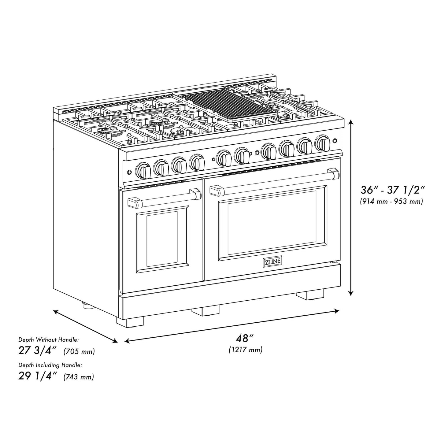 ZLINE 48 in. 6.7 cu. ft. Select Double Oven Gas Range with 8 Burner Cooktop in Black Stainless Steel (HGRB-48)