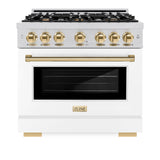 ZLINE Autograph Edition 36 in. 5.2 cu. ft. Select Gas Range with 6 Burner Cooktop and Convection Gas Oven in Stainless Steel with White Matte Door and Polished Gold Accents (HGRZ-WM-36-G)