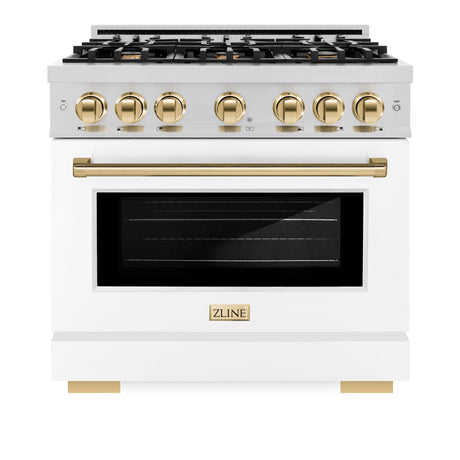 ZLINE Autograph Edition 36 in. 5.2 cu. ft. Select Gas Range with 6 Burner Cooktop and Convection Gas Oven in Stainless Steel with White Matte Door and Polished Gold Accents (HGRZ-WM-36-G)