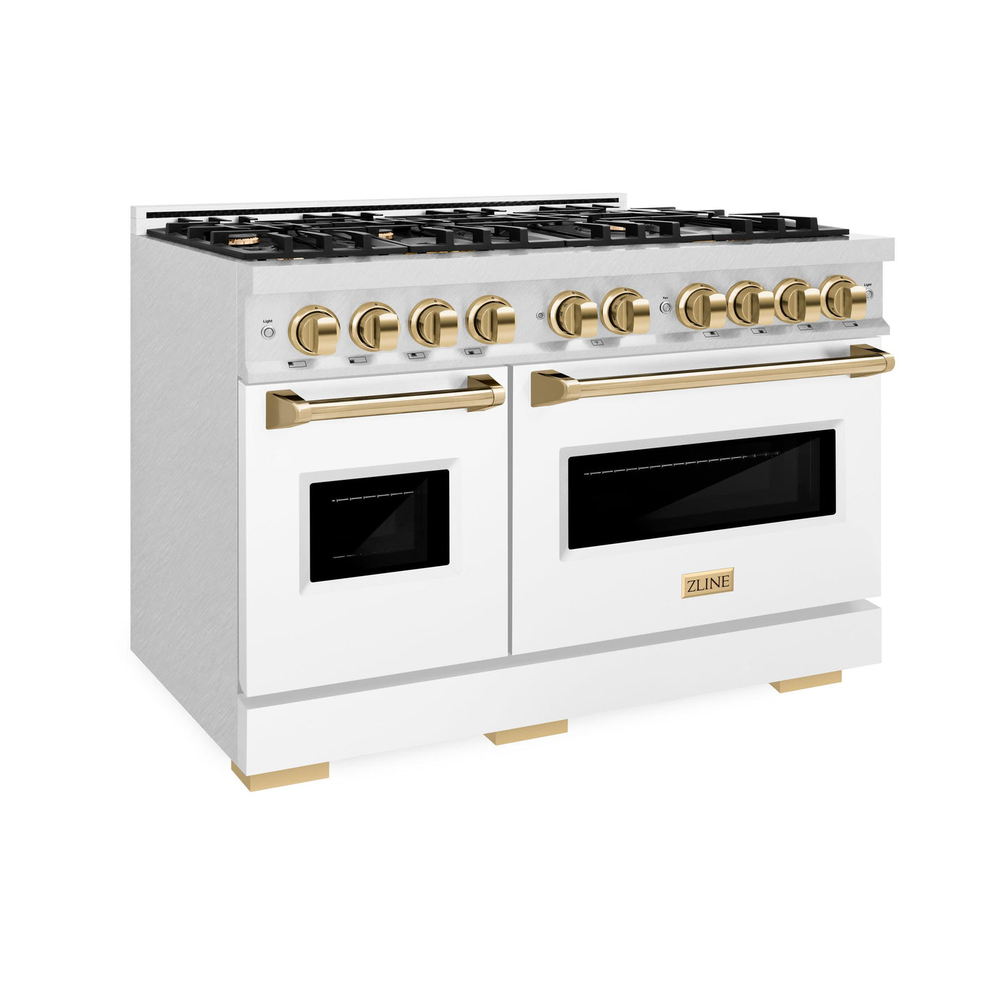 ZLINE Autograph Edition 48 in. 6.7 cu. ft. Classic Double Oven Dual Fuel Range with 8 Burner Gas Cooktop in DuraSnow' Stainless Steel with White Matte Doors and Polished Gold Accents (CDRSZ-WM-48-G)