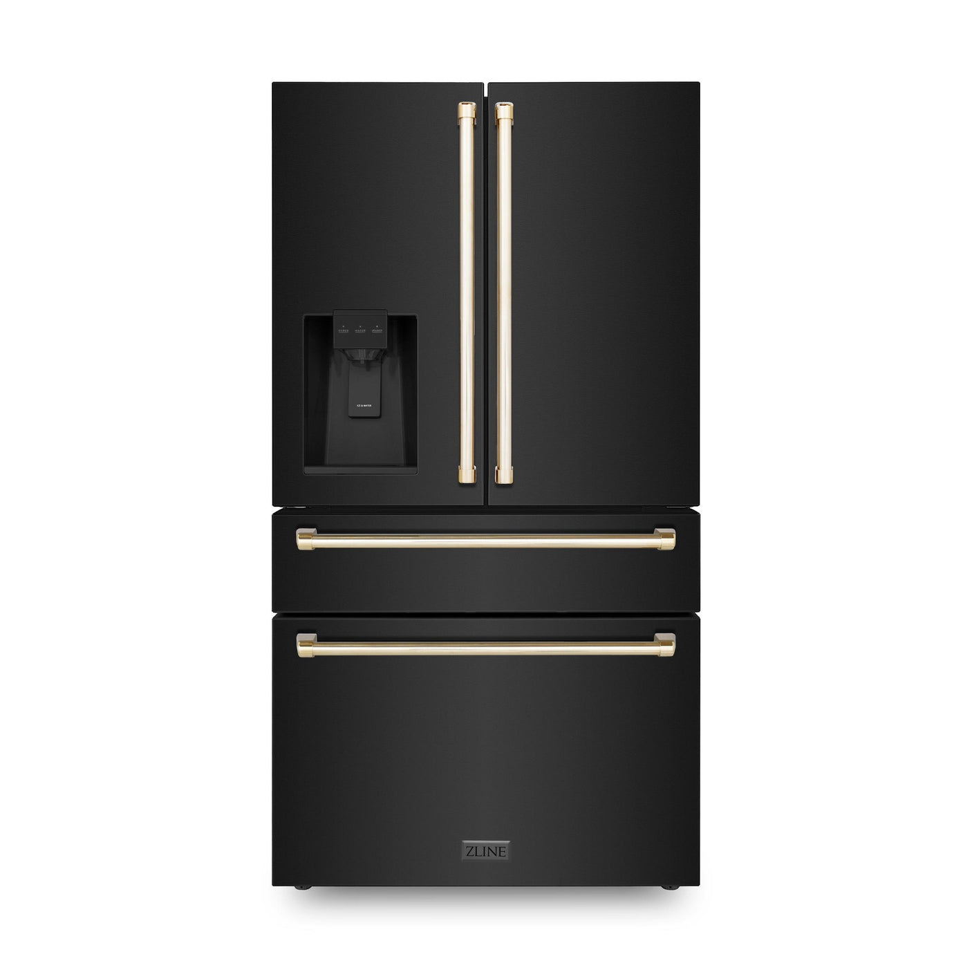 ZLINE 36" Autograph Edition 21.6 cu. ft Freestanding French Door Refrigerator with Water and Ice Dispenser in Fingerprint Resistant Black Stainless Steel with Accents (RFMZ-W-36-BS) [Color: Gold Accents]