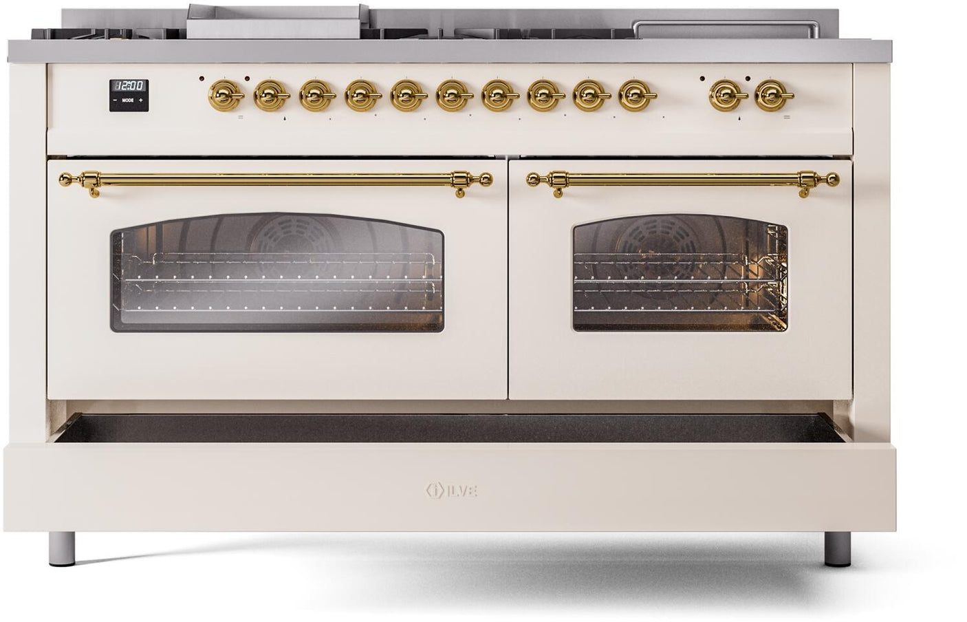 Nostalgie II 60 Inch Dual Fuel Natural Gas Freestanding Range in Antique White with Brass Trim