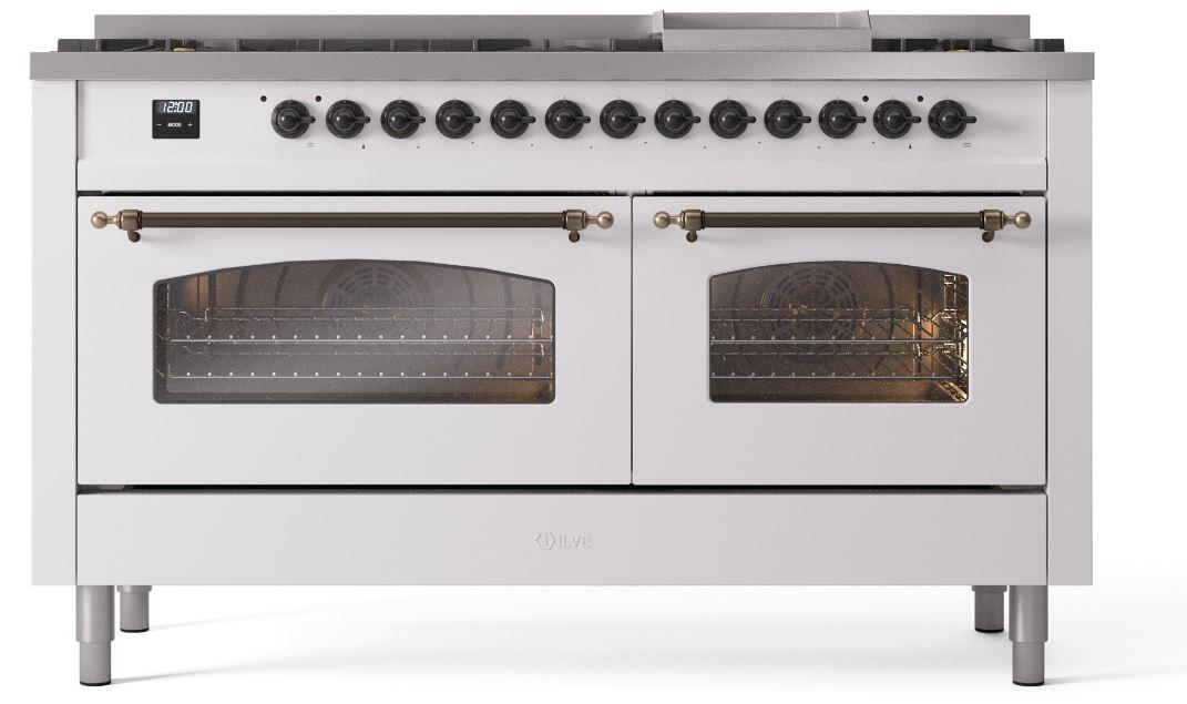 Nostalgie II 60 Inch Dual Fuel Natural Gas Freestanding Range in White with Bronze Trim