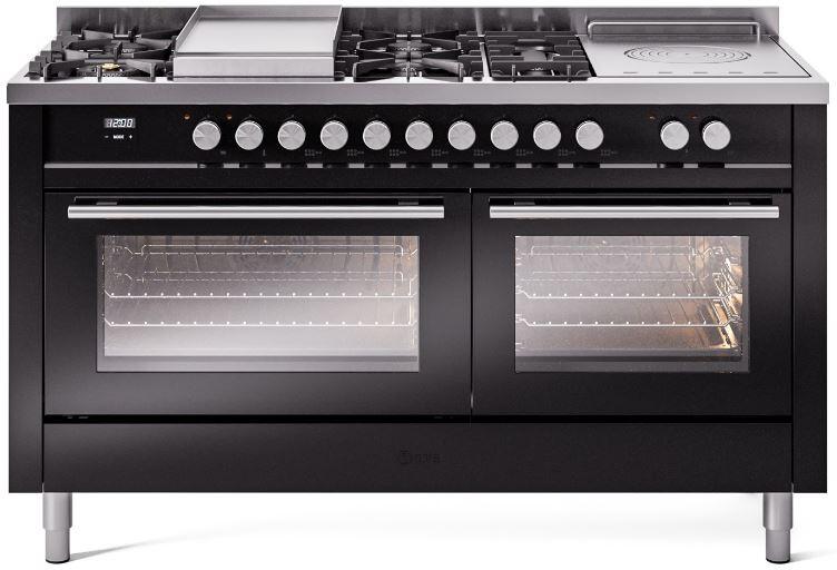 Professional Plus II 60 Inch Dual Fuel Natural Gas Freestanding Range in Glossy Black with Trim