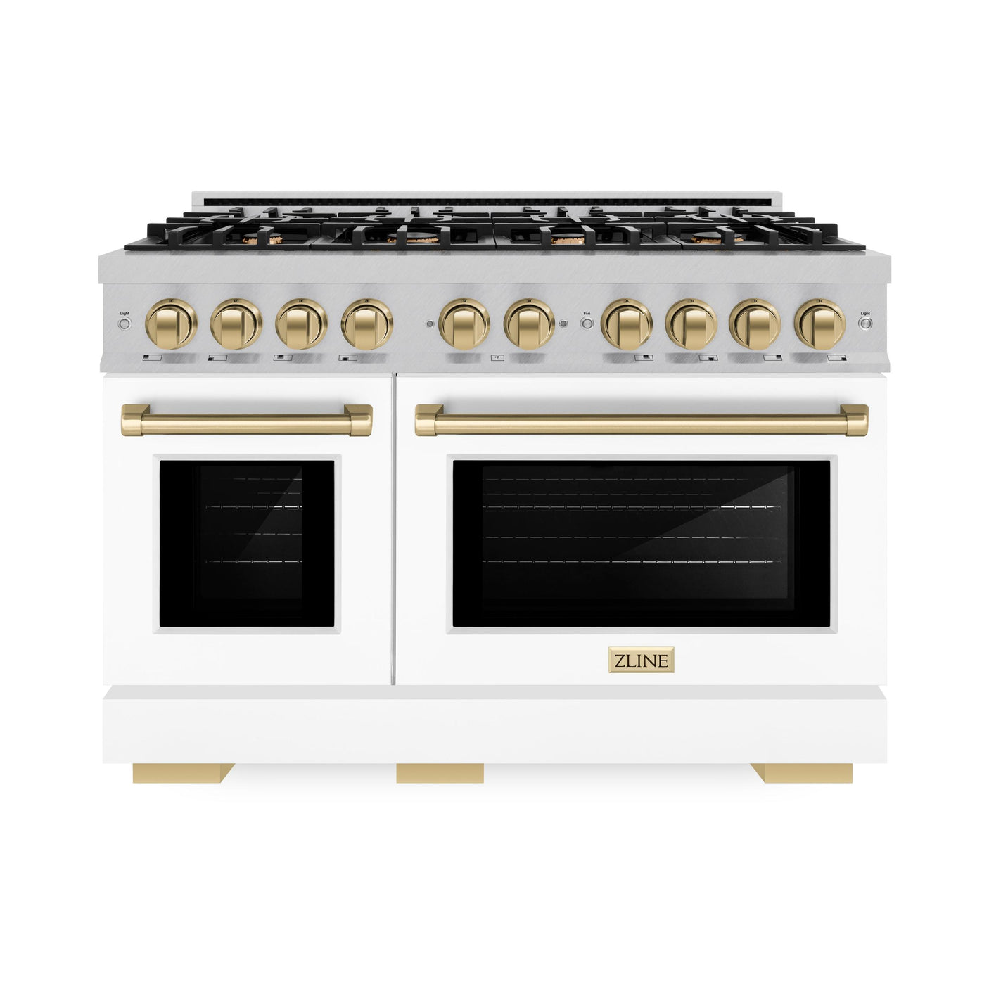 ZLINE Autograph Edition 48 in. 6.7 cu. ft. Select Double Oven Gas Range with 8 Burner Cooktop in DuraSnow' Stainless Steel with White Matte Doors and Champagne Bronze Accents (HGRSZ-WM-48-CB)