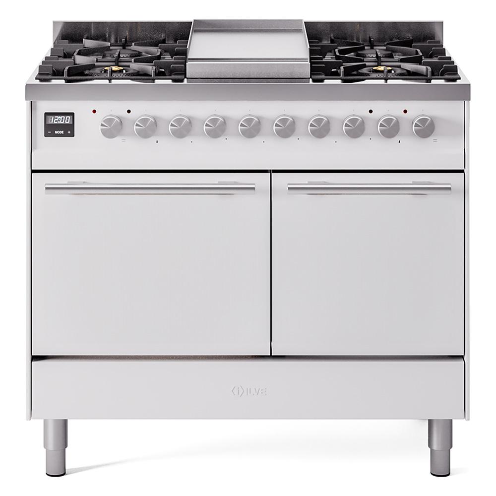 ILVE Professional Plus II 40 UPD40FQMPWH Freestanding Dual Fuel Range with 6 Sealed Burners Yes Double Oven with Solid Door in White with Stainless Steel knobs