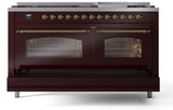 Nostalgie II 60 Inch Dual Fuel Natural Gas Freestanding Range in Burgundy with Brass Trim