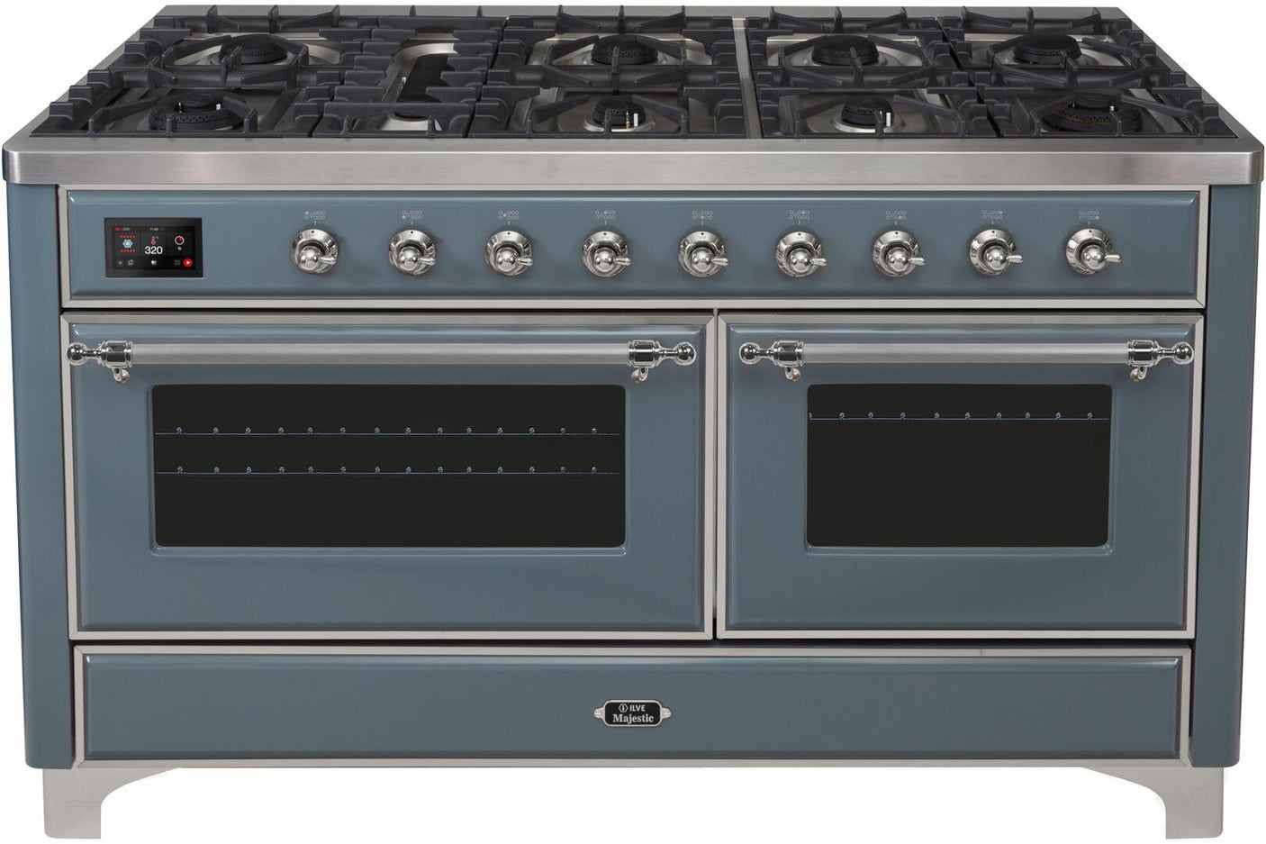 Majestic II 60 Inch Dual Fuel Liquid Propane Freestanding Range in Blue Grey with Chrome Trim