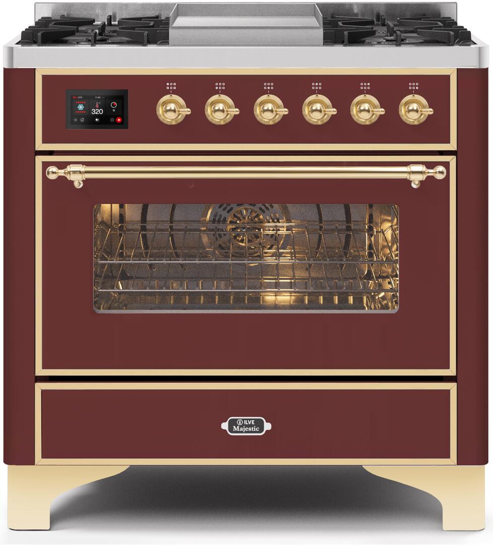 Majestic II 36 Inch Dual Fuel Liquid Propane Freestanding Range in Burgundy with Brass Trim