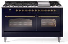 Nostalgie II 60 Inch Dual Fuel Natural Gas Freestanding Range in Blue with Brass Trim