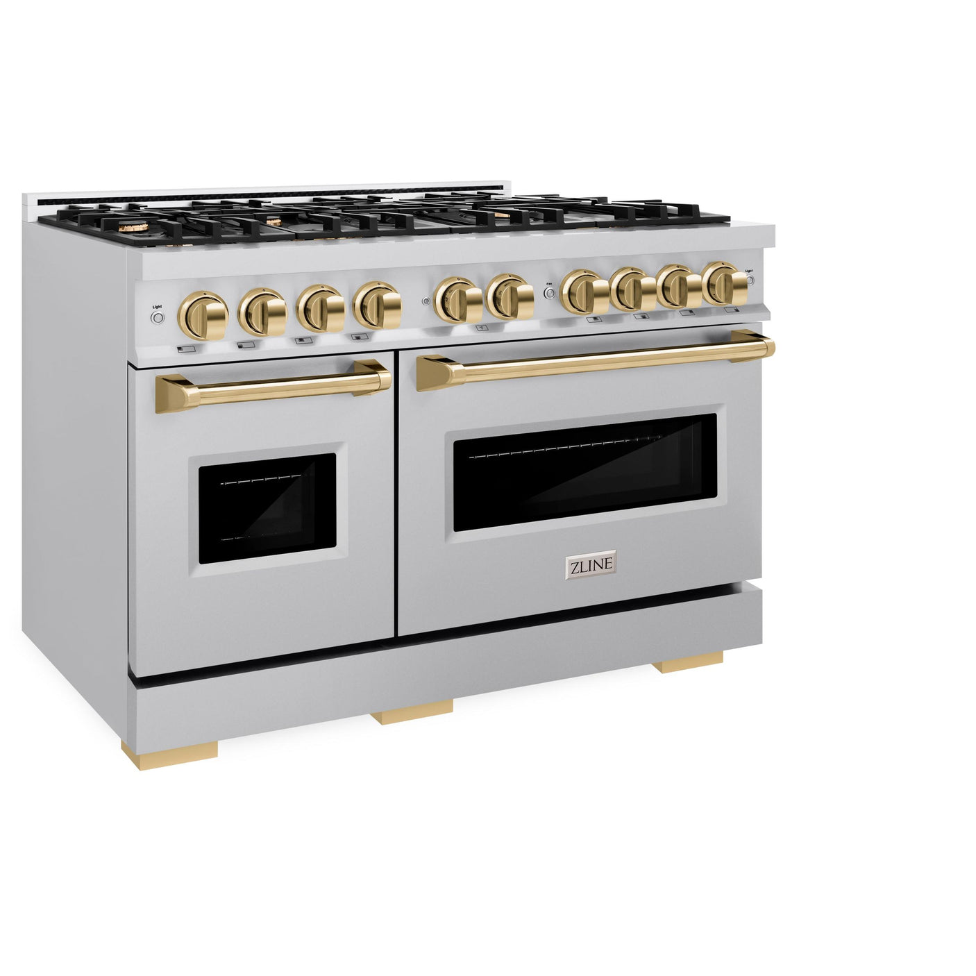 ZLINE Autograph Edition 48 in. 6.7 cu. ft. Classic Double Oven Gas Range with 8 Burner Cooktop in Stainless Steel and Polished Gold Accents (CGRZ-48-G)