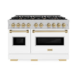 ZLINE Autograph Edition 48 in. 6.7 cu. ft. Classic Double Oven Dual Fuel Range with 8 Burner Gas Cooktop in DuraSnow' Stainless Steel with White Matte Doors and Champagne Bronze Accents (CDRSZ-WM-48-CB)