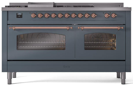 Nostalgie II 60 Inch Dual Fuel Natural Gas Freestanding Range in Blue Grey with Copper Trim