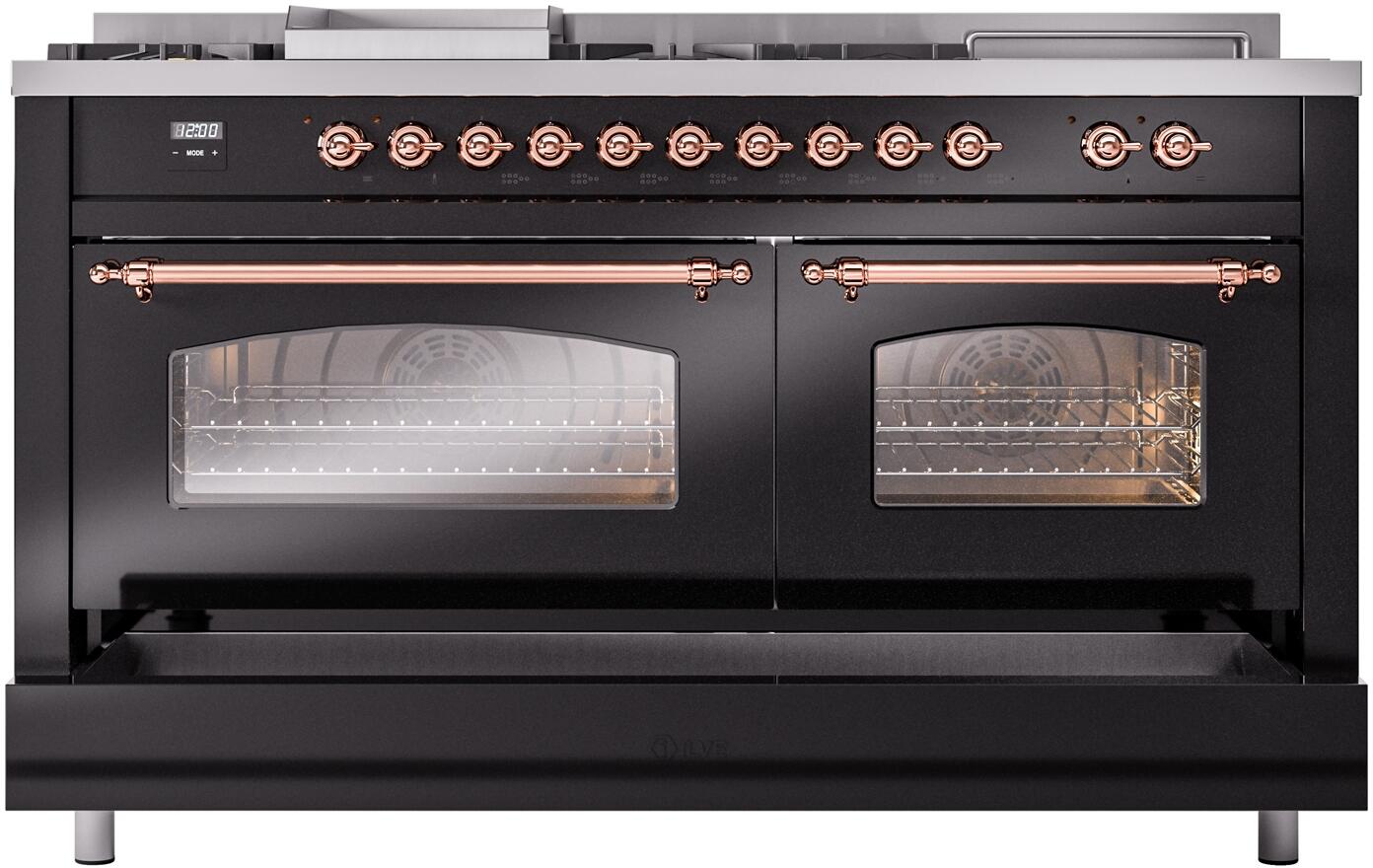 Nostalgie II 60 Inch Dual Fuel Liquid Propane Freestanding Range in Glossy Black with Copper Trim