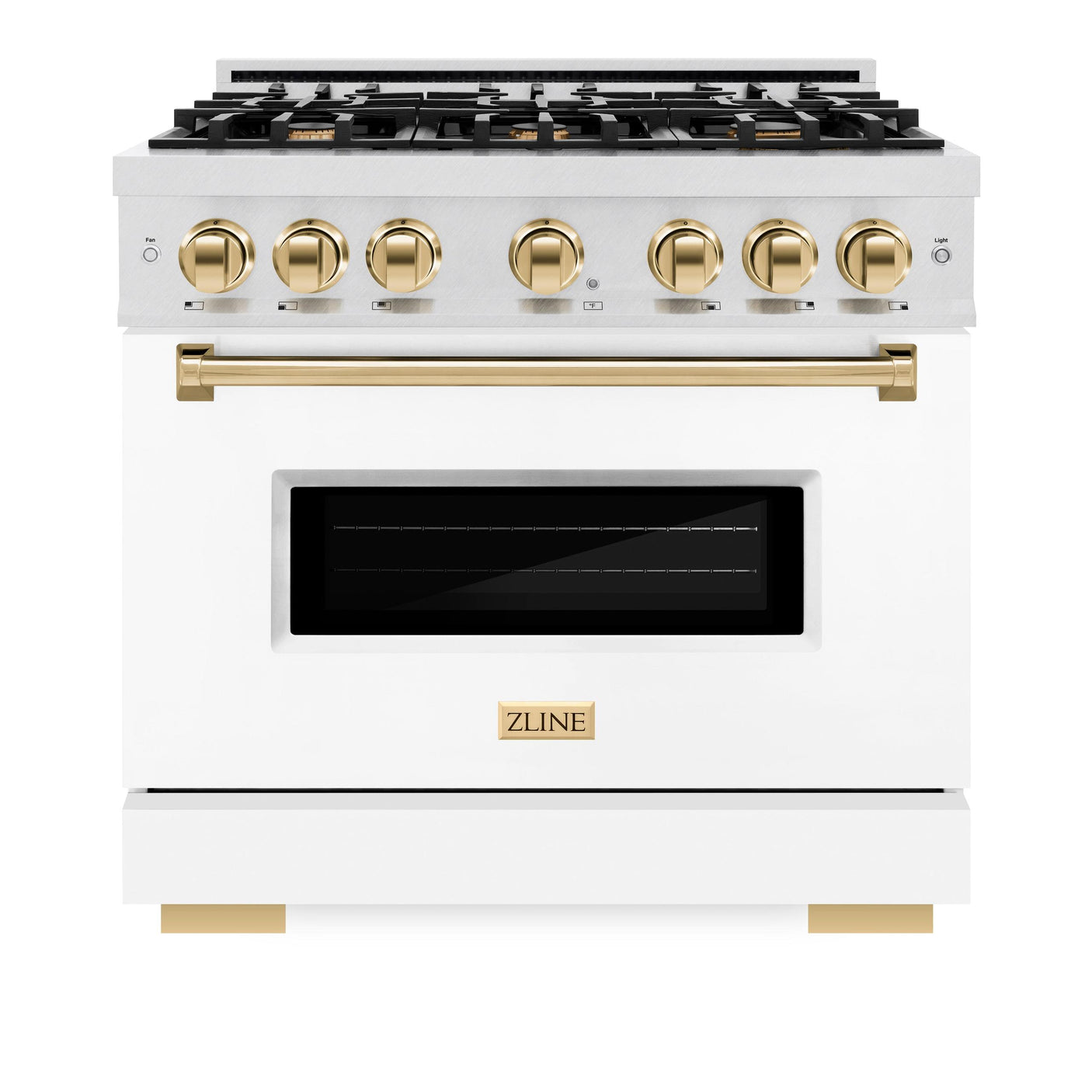 ZLINE Autograph Edition 36 in. 5.2 cu. ft. Classic Gas Range with 6 Burner Cooktop and Convection Gas Oven in DuraSnow' Stainless Steel with White Matte Door and Polished Gold Accents (CGRSZ-WM-36-G)