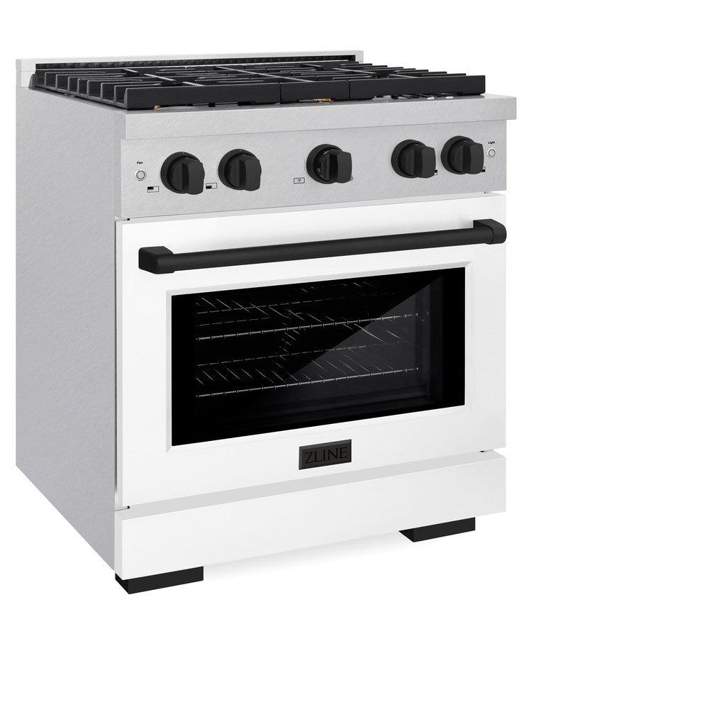 ZLINE Autograph Edition 30 in. 4.2 cu. ft. Paramount Dual Fuel Range with 4 Burner Gas Cooktop and Electric Convection Oven in DuraSnow' Stainless Steel with White Matte Door and Matte Black Accents (SDRSZ-WM-30-MB)