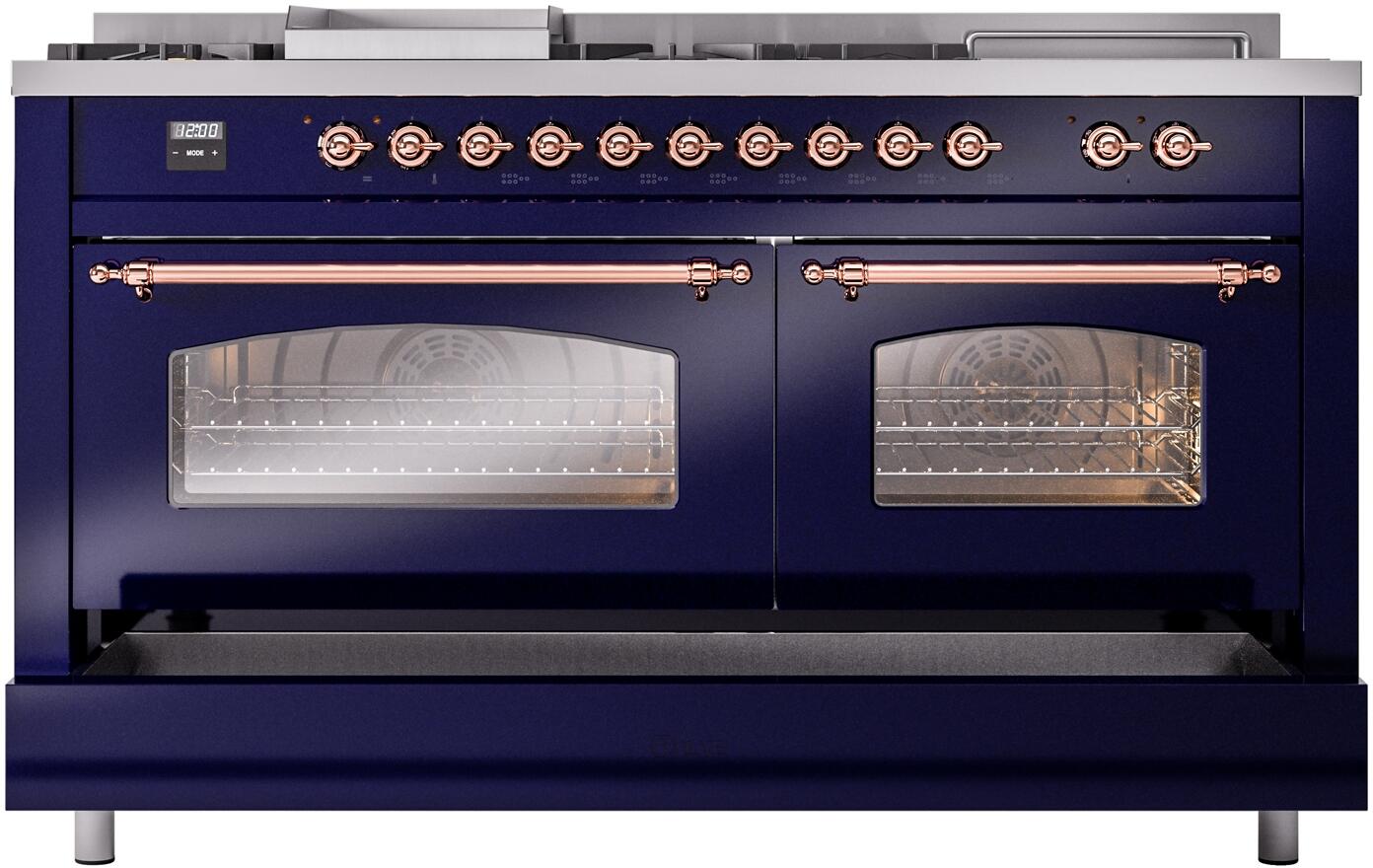 Nostalgie II 60 Inch Dual Fuel Natural Gas Freestanding Range in Blue with Copper Trim