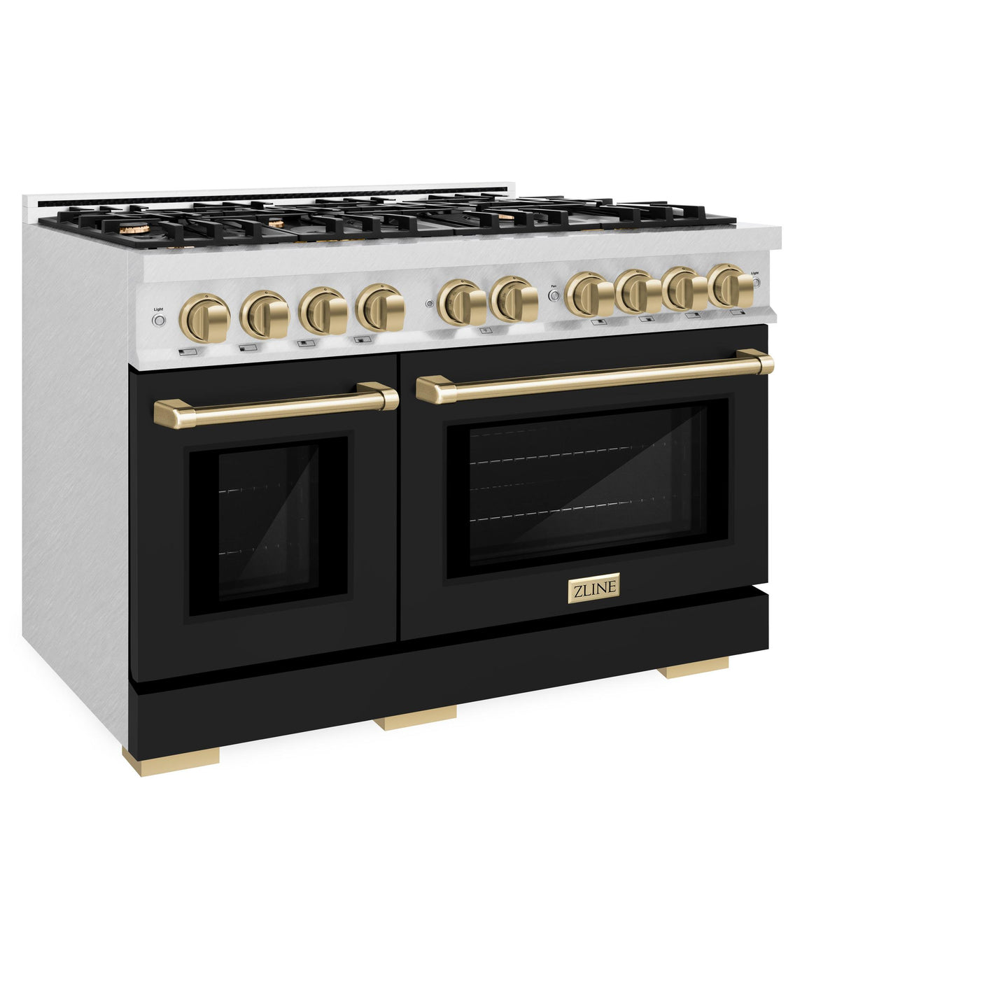 ZLINE Autograph Edition 48 in. 6.7 cu. ft. Select Double Oven Dual Fuel Range with 8 Burner Gas Cooktop in DuraSnow' Stainless Steel with Black Matte Doors and Champagne Bronze Accents (HDRSZ-BLM-48-CB)