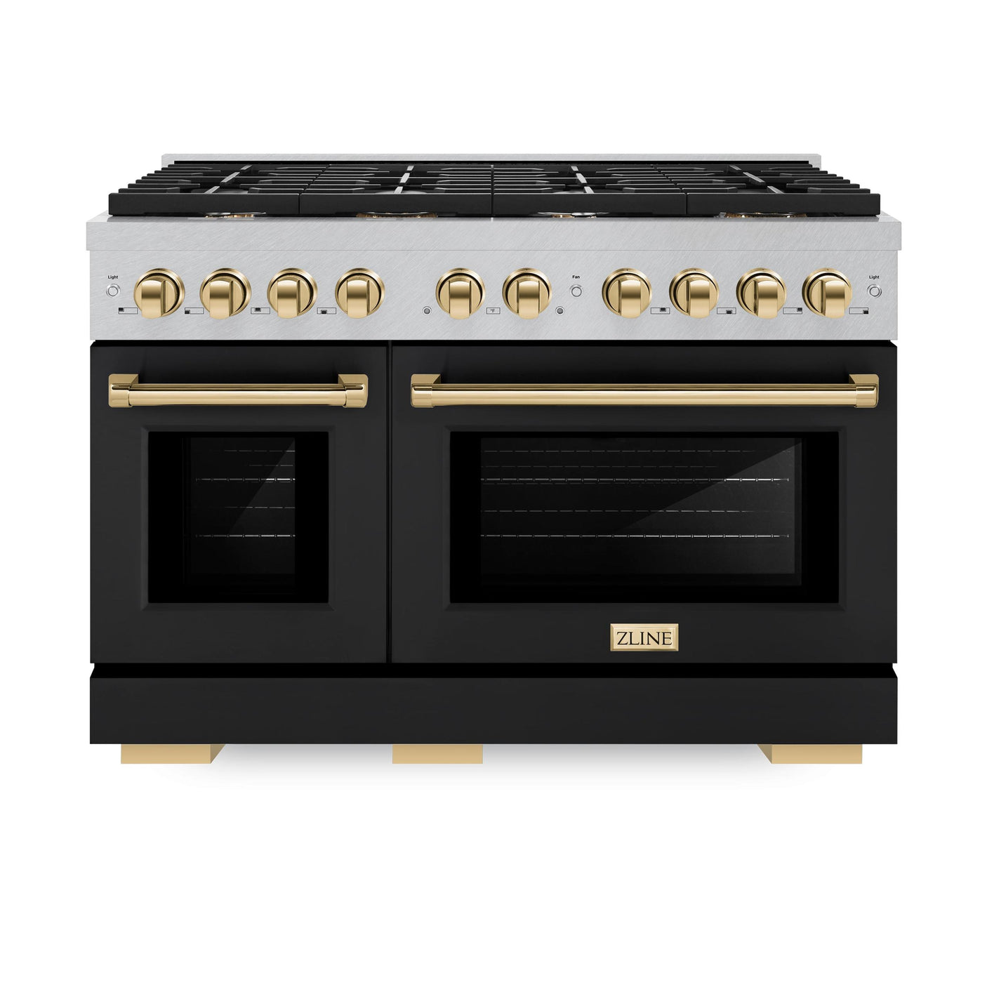 ZLINE Autograph Edition 48 in. 6.7 cu. ft. Paramount Double Oven Gas Range with 8 Burner Cooktop in DuraSnow' Stainless Steel with Black Matte Doors and Polished Gold Accents (SGRSZ-BLM-48-G)