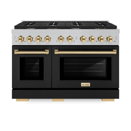 ZLINE Autograph Edition 48 in. 6.7 cu. ft. Paramount Double Oven Gas Range with 8 Burner Cooktop in DuraSnow' Stainless Steel with Black Matte Doors and Polished Gold Accents (SGRSZ-BLM-48-G)