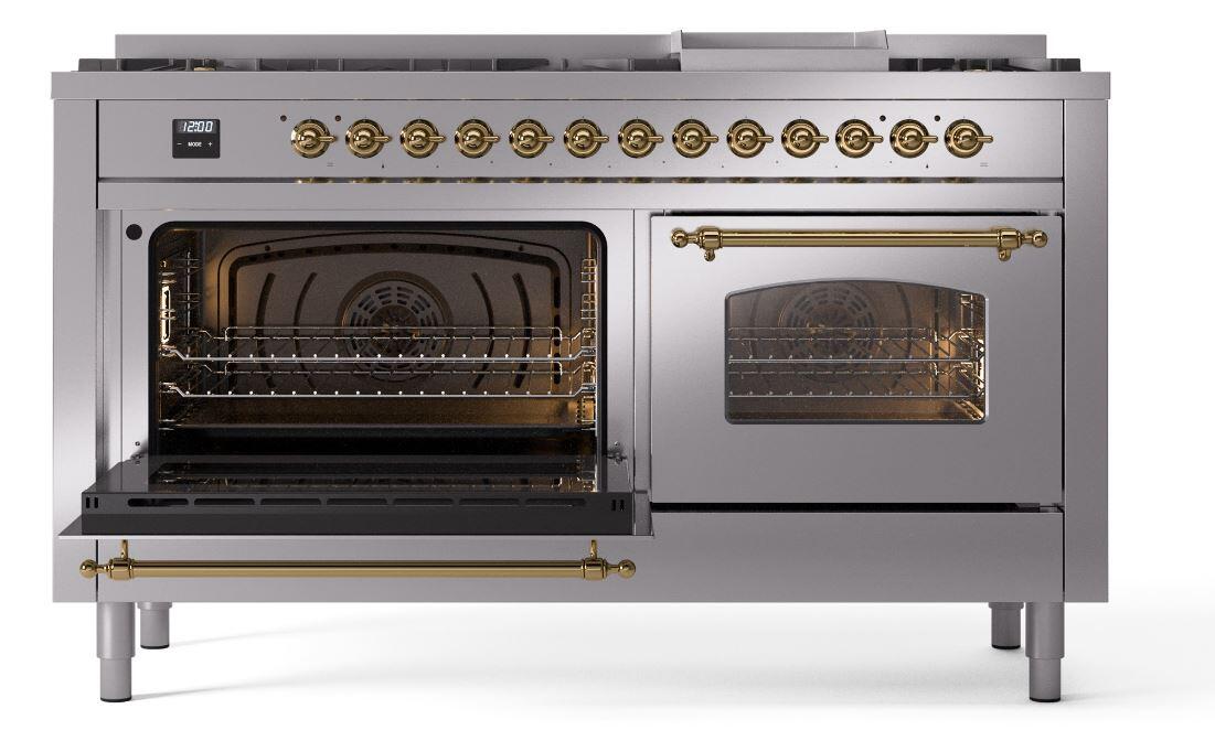 Nostalgie II 60 Inch Dual Fuel Liquid Propane Freestanding Range in Stainless Steel with Brass Trim