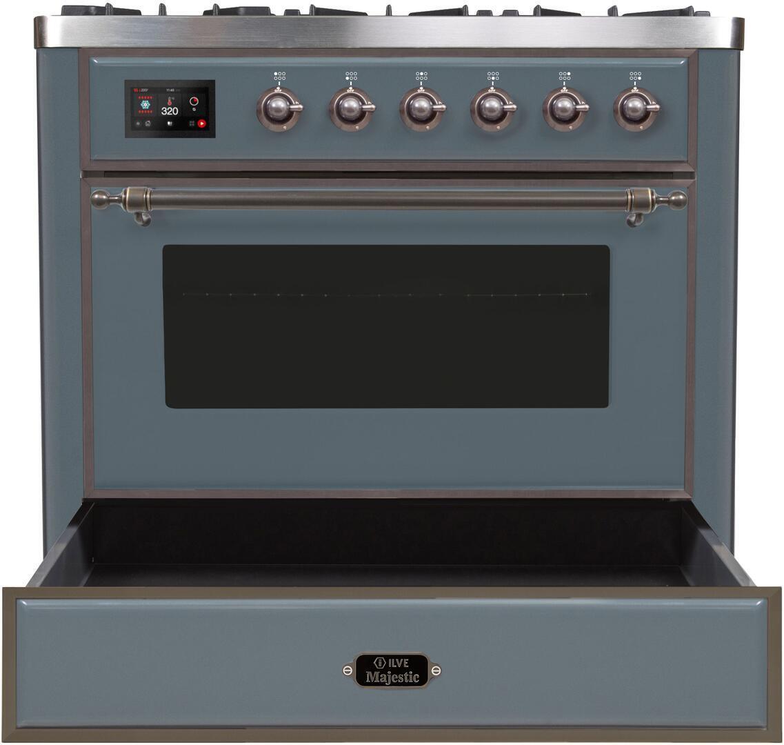 Majestic II 36 Inch Dual Fuel Liquid Propane Freestanding Range in Blue Grey with Bronze Trim