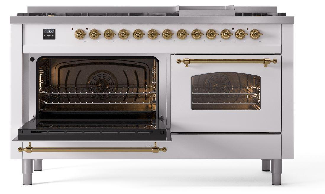 Nostalgie II 60 Inch Dual Fuel Natural Gas Freestanding Range in White with Brass Trim