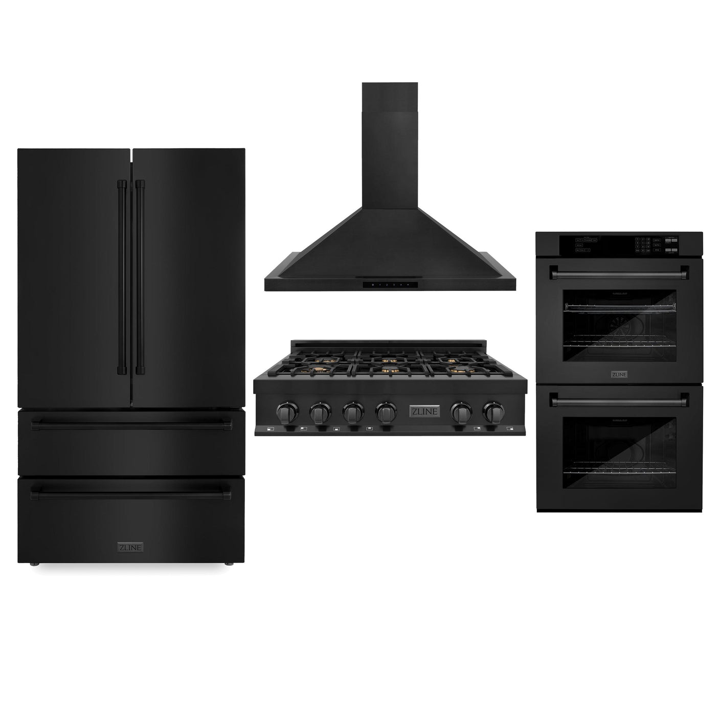 ZLINE Kitchen Package with Black Stainless Steel Refrigeration, 36" Rangetop, 36" Range Hood and 30" Double Wall Oven (4KPR-RTBRH36-AWD)