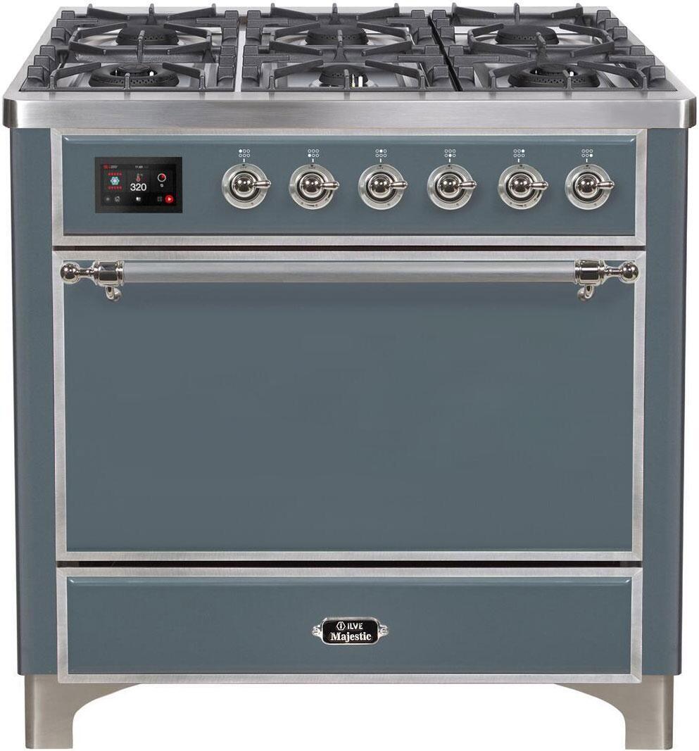 36 Inch Dual Fuel Natural Gas Freestanding Range in Blue Grey with Chrome Trim