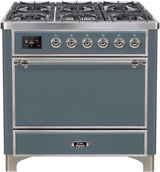 36 Inch Dual Fuel Natural Gas Freestanding Range in Blue Grey with Chrome Trim