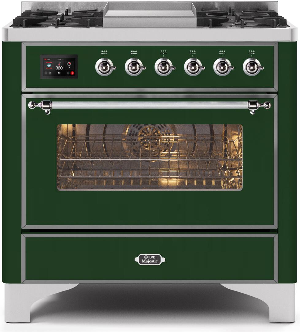 Majestic II 36 Inch Dual Fuel Liquid Propane Freestanding Range in Emerald Green with Chrome Trim