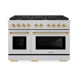 ZLINE Autograph Edition 48 in. 6.7 cu. ft. 8 Burner Double Oven Gas Range in DuraSnow' Stainless Steel and Polished Gold Accents (SGRSZ-48-G)