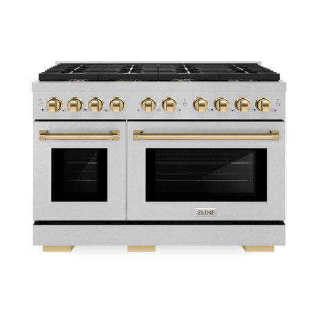 ZLINE Autograph Edition 48 in. 6.7 cu. ft. 8 Burner Double Oven Gas Range in DuraSnow' Stainless Steel and Polished Gold Accents (SGRSZ-48-G)