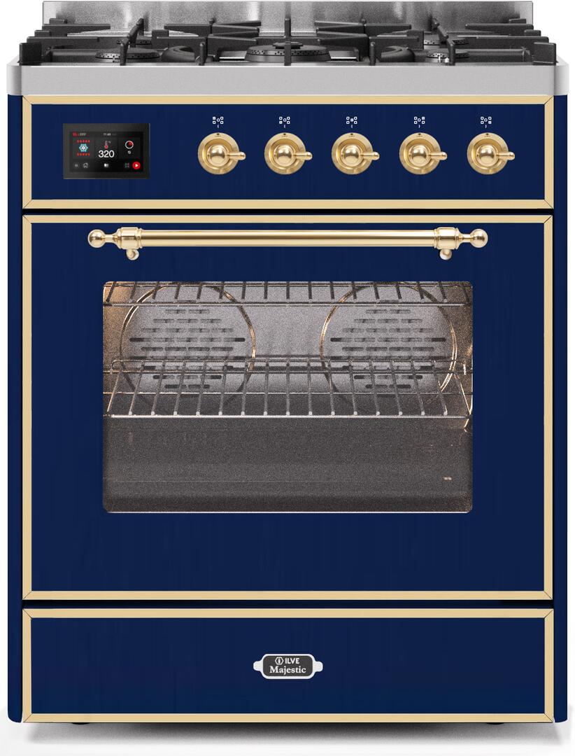 Majestic II 30 Inch Dual Fuel Natural Gas Freestanding Range in Blue with Brass Trim