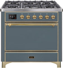 36 Inch Dual Fuel Natural Gas Freestanding Range in Blue Grey with Brass Trim