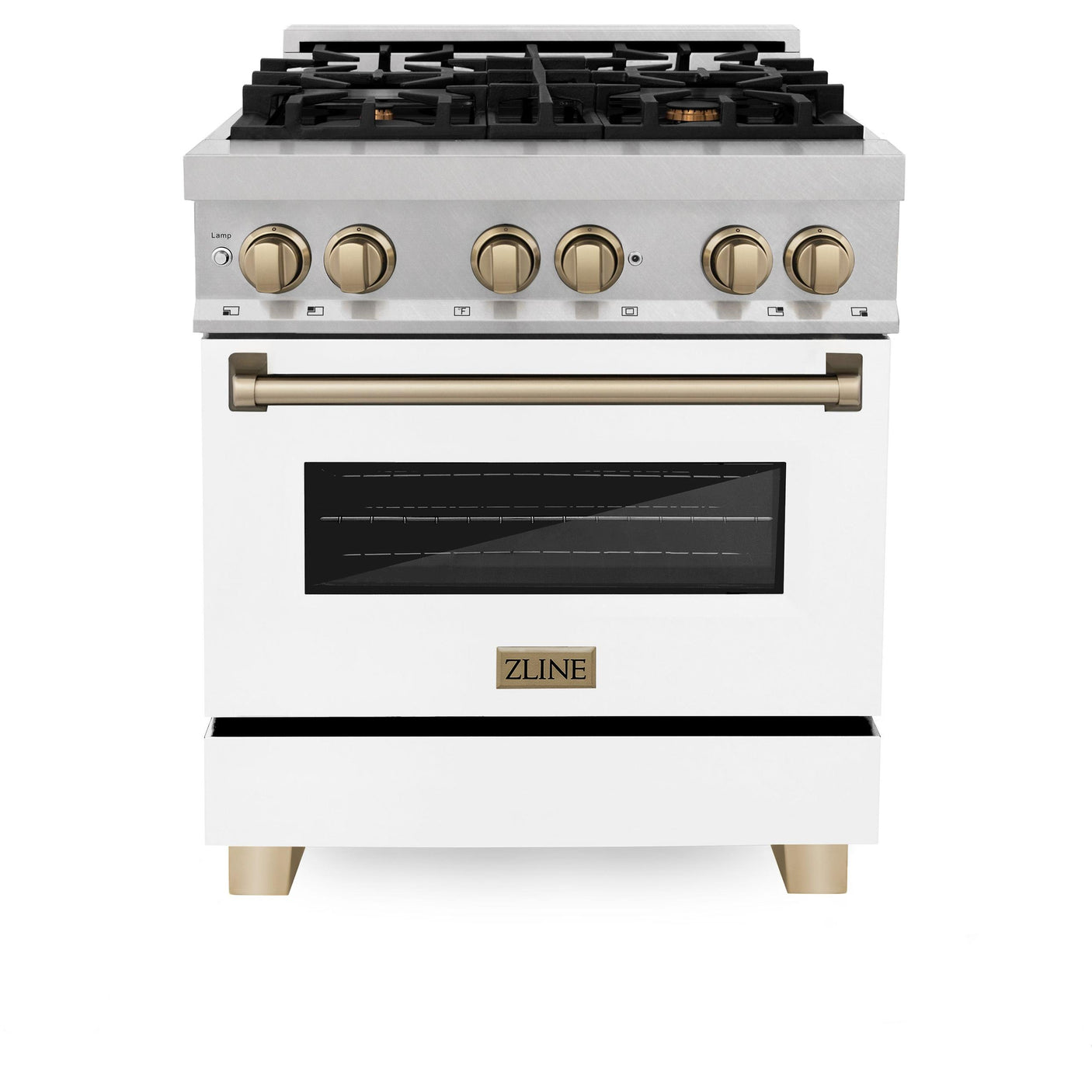 ZLINE Autograph Edition 30" 4.0 cu. ft. Dual Fuel Range with Gas Stove and Electric Oven in DuraSnow Stainless Steel with White Matte Door and Accents (RASZ-WM-30) [Color: Champagne]