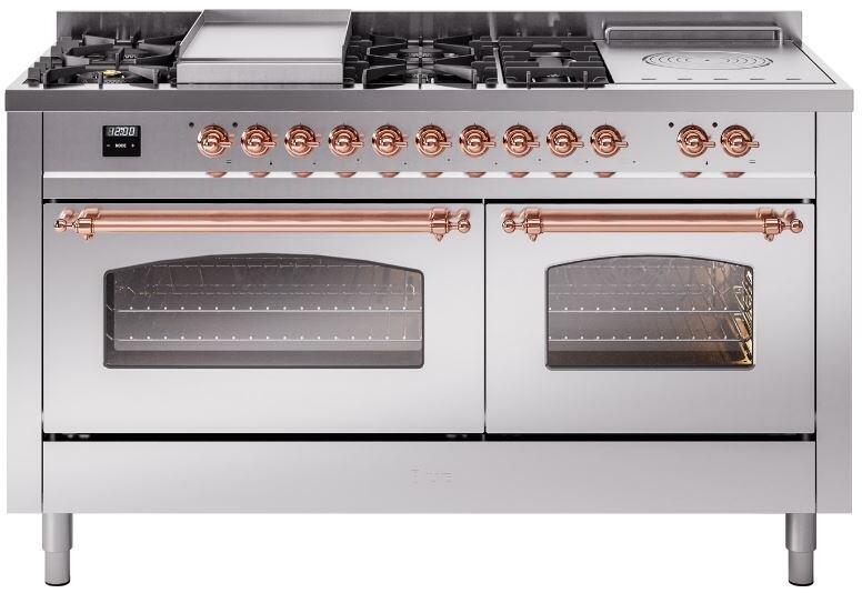 Nostalgie II 60 Inch Dual Fuel Natural Gas Freestanding Range in Stainless Steel with Copper Trim