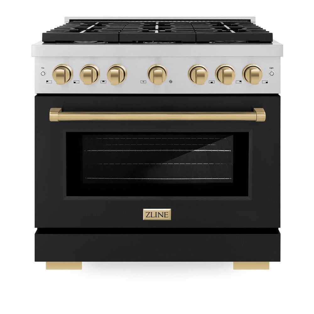 ZLINE Autograph Edition 36 in. 5.2 cu. ft. Paramount Dual Fuel Range with 6 Burner Gas Cooktop and Electric Convection Oven in Stainless Steel with Black Matte Door and Champagne Bronze Accents (SDRZ-BLM-36-CB)