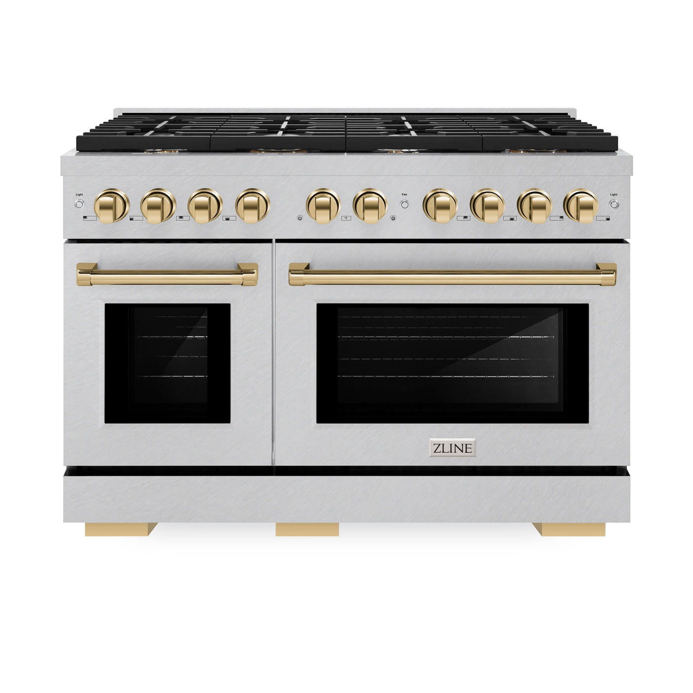 ZLINE Autograph Edition 48 in. 6.7 cu. ft. 8 Burner Double Oven Gas Range in DuraSnow' Stainless Steel and Polished Gold Accents (SGRSZ-48-G)