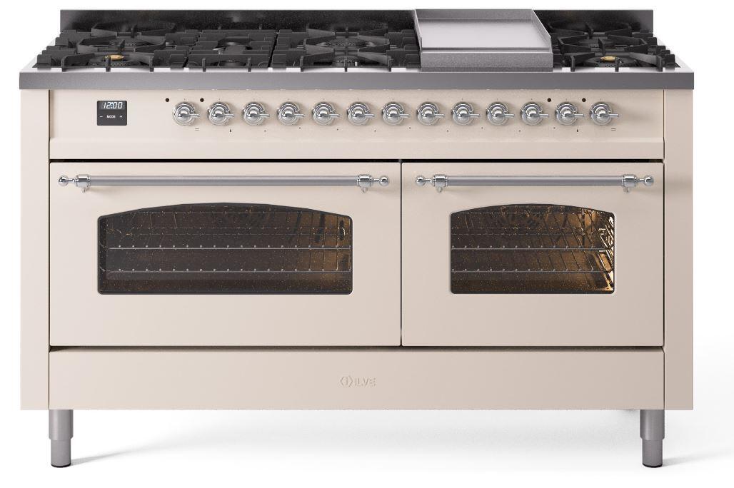 Nostalgie II 60 Inch Dual Fuel Natural Gas Freestanding Range in Antique White with Chrome Trim